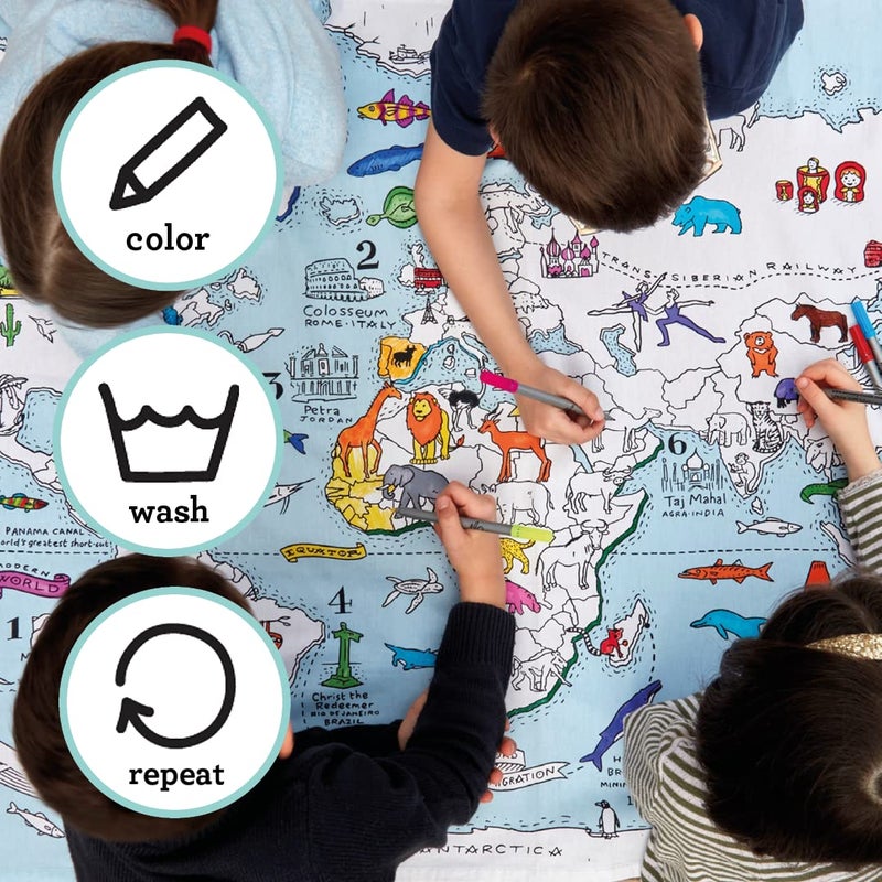 eatsleepdoodle Coloring World Map Tablecloth for Kids â€“ Reusable Washable Activity Table Cover with 10pcs Washable Markers, Fun Arts & Crafts for Boys & Girls, Activity Blanket for Parties, Birthdays - Image 4